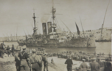 Photograph, British Battleship sailing down the canal, c1915