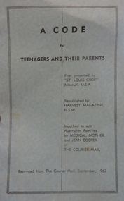 Booklet, The Courier-Mail, A Code for Teenagers and their Parents, 1963