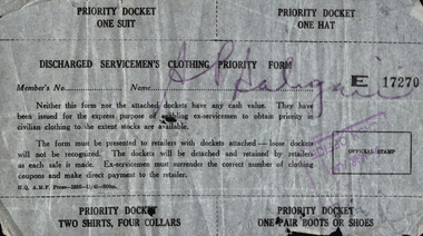 Document, Discharged Servicemen's Clothing Priority Form made out to Antonio (Tony) Saligari