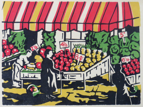relief print of fruit stall