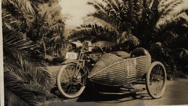 Photograph - Black and White, Chatham-Holmes Collection: Motor bike with a wicker side car