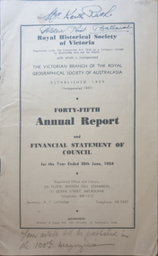 Booklet, Royal Historical Society of Victoria 45th Annual Report and Financial Statement of Council, 06/1954