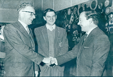 Photograph - Photograph - Black and White, Charles Bush and Tom Turner in front of the Leonard French Mural, 'Tapestry', 1960, 02/09/1960