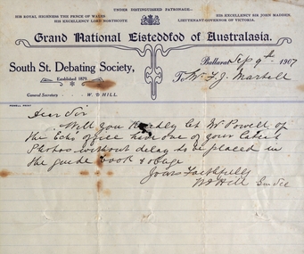 Letter - Correspondence, Letter to the Ballarat School of Mines on Grand National Eistedffod of Australasia letterhead, 1907, 09/09/1907