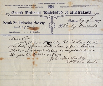 Letter - Correspondence, Letter to the Ballarat School of Mines on Grand National Eistedffod of Australasia letterhead, 1907, 09/09/1907