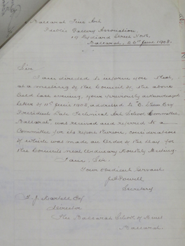 Inwards correspondence to the Ballarat School of Mines, 1908