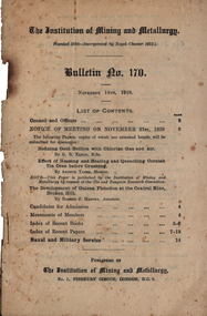Booklet, The Institution of Mining and Metallurgy Bulletin No. 170, 1918, 14/11/1918