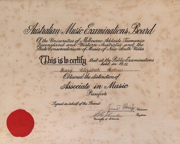 Certificate, Chatham-Holmes Collection: Associate in Music Pianoforte, Mary Elizabeth Holmes, 1949