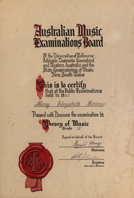Certificate, Chatham-Holmes Collection: Honours in Theory of Music Grade 3,  Mary Elizabeth Holmes, 1947