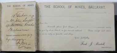 Document, Ballarat School of Mines Cheque Forwarding Receipt Book, 1913-1914