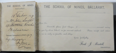 Document, Ballarat School of Mines Cheque Forwarding Receipt Book, 1913-1914, 1913-1914