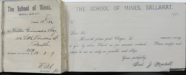 Book, Ballarat School of Mines Cheque Forwarding Receipt Book, 1912-1913