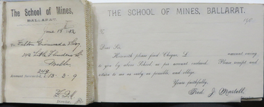 Book, Ballarat School of Mines Cheque Forwarding Receipt Book, 1912-1913, 1912-1913
