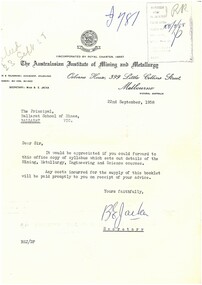 Correspondence, Miss B.E. Jacka, Secretary of the Australasian Institute of Mining and Metallurgy et al, Correspondence between the Australasian Institute of Mining and Metallurgy and the Ballarat School of Mines, 1958