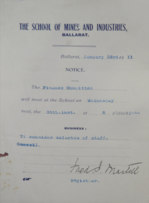 Document, Ballarat School of Mines Notice of Council Meetings, 1911, 1910-1911