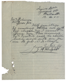 Correspondence, J.A. Wright, J.A. Wright to Ballarat School of Mines, 1911, 13/04/1911
