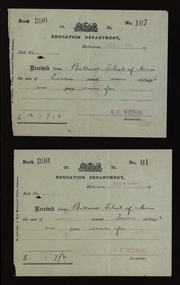 Receipt, Victorian Education Receipt made out to the Ballarat School of Mines, 1911, 04/2011