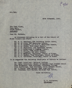 Correspondence, Harold E. Arblaster, Ballarat Council Request for Contact Details of Ballarat School of Mines Council and Staff, 1960, 31/11/1960