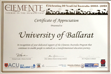 Certificate, Clemente: Celebrating 10 Years in Australia, 2013
