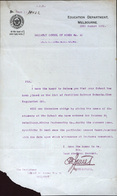 Letter - Correspondence, Education Department Melbourne to Ballarat School of Mines, 1901, 13/08/1901