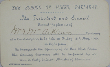 Invitation, Opening of the Ballarat School MInes New Classroom, 1900