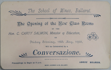 Invitation, Opening of the Ballarat School of Mines New Classroom, 1900, 18/05/1900