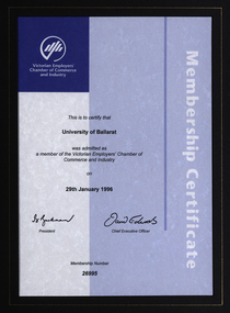 Certificate, Victorian Employers' Chamber of Commerce and Industry Membership Certificate, 1996, 29/11/1996