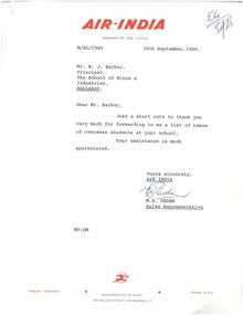 Correspondence, Air-India to Ballarat School of Mines, 1966, 09/1966