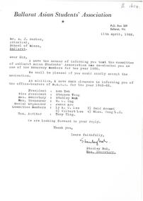 Letter - Correspondence, Ballarat Asian Students' Association, 1966, 09/1966