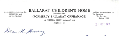 Correspondence, Ballarat Children's Home to Ballarat School of Mines, 1969, 29/10/1969