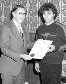 Photograph - Black and White, Ballarat School of Mines student receiving an award from Ken Flacknoe, c1981