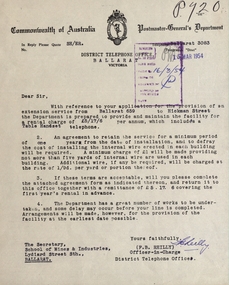 Correspondence, Letter Concerning Extension of the Telephone Service to the Ballarat Girls' Technical School, 1954, 15/03/1954