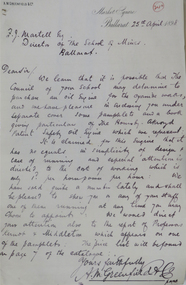 Correspondence, A.M. Greenfield to the Ballarat School of Mines, 1898, 25/04/1898