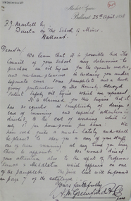 Correspondence, A.M. Greenfield to the Ballarat School of Mines, 1898, 25/04/1898