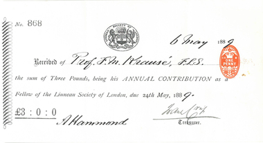 Document, Linnean Society of London Membership Receipt, 1889, 06/05/1889