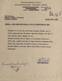 Correspondence, SMB:  Requisition Order, Reconstruction Training Depot, 1951