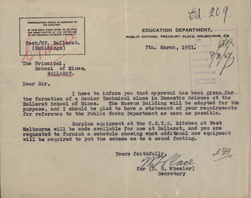 Correspondence - Education Department, Victoria, SMB: Museum Building, 07/03/1951