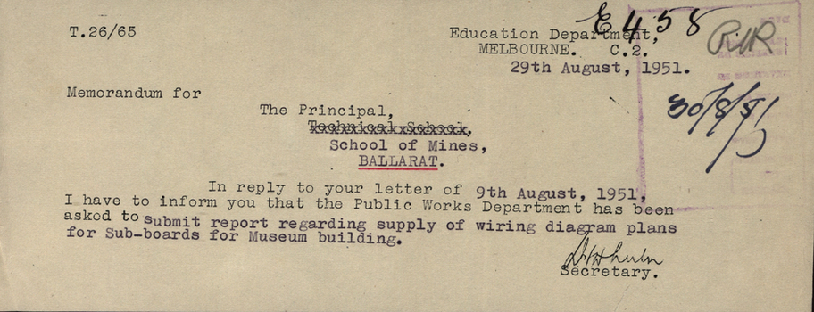 Typed letter from the Education Department to the Ballarat School of Mines