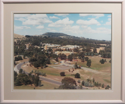 Aerial view of a campus with Mt Buninyong in teh background