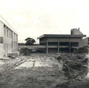Photograph - Photograph - Black and White, Muddy Courtyard in front of the E.J. Barker Library
