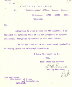 Letter - Correspondence, E.B. Jones (Victorian Railways), Correspondence from Victorian Railways to the Ballarat School of Mines, 1911, 27/04/1911