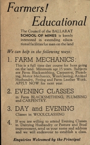 Leaflet, School of Mines Ballarat: Offer of Education for Farmers
