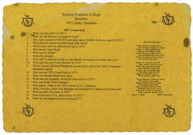 Placemat, Ballarat Teachers' College Reunion, 1971 Entry Students: BTC Trivia Quiz, 1971