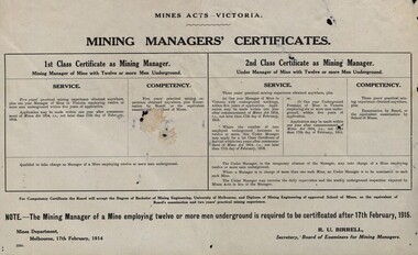Certificate, Mines Department, Melbourne, Mines Act-Victoria: Mining Managers' Certificate, 1914