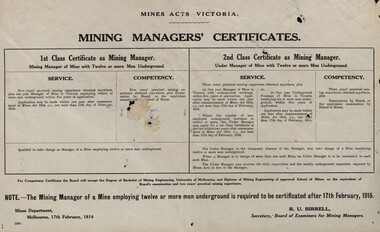 Certificate, Mines Department, Melbourne, Mines Act-Victoria: Mining Managers' Certificate, 1914, 1914