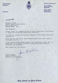 Correspondence, Joan E. Kirner, Letter from Joan Kirner to Margaret Evans, 1989, 02/11/1989