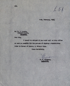Correspondence, Letter Concerning a Repatriation Order, 1948, 11/02/1948