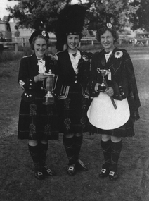 Photograph - Photograph - Black and White, Ballarat Ladies' Highland Pipe Band Members with Trophies