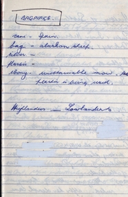 Notes, Handwritten notes on Bagpipes, Scotland, etc