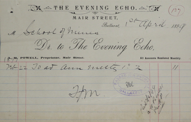 Document, Invoice from the Ballarat Evening Echo, 1899